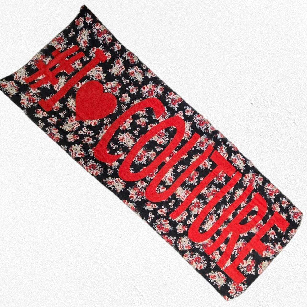 Juicy Couture Red Black Floral I Heart Juicy Breathable Fringe Scarf OSFM